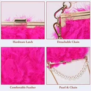 GOKTOW Hot Pink Feather Clutches Purses for Women Bag，Pearl Fluffy Evening Handbags for Wedding Anniversary Party,Hot Pink