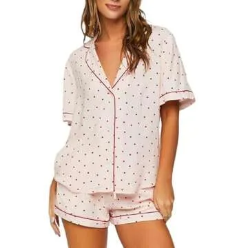 Womens Cute Print Pajamas Shorts Set Heart Two-piece Pj Sets Short Sleeve Sleepwear Loungewear Butto...