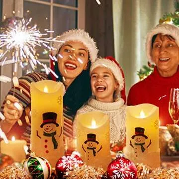 Yinuo Candle Christmas Candle Gifts, Snowman LED Flameless Candles Battery Operated Pillar Candle Moving Effect Flickering Candles with Remote for Christmas Decoration, 4in 5in 6in Pack of 3