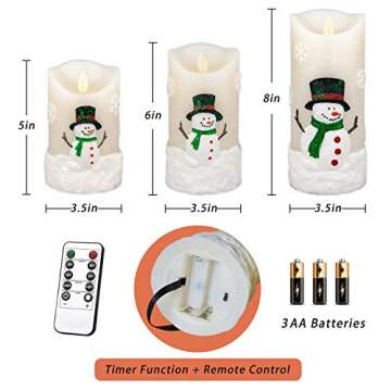 Yinuo Candle Christmas Candle Gifts, Snowman LED Flameless Candles Battery Operated Pillar Candle Moving Effect Flickering Candles with Remote for Christmas Decoration, 4in 5in 6in Pack of 3