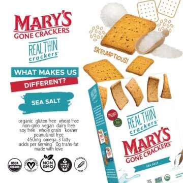 Mary's Gone Crackers Organic Real Thin Crackers - Gluten-Free, NON-GMO, Vegan & Whole Grain, Sea Salt, 5 Ounce (Pack of 6)
