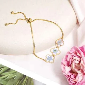 Yowivon Forget-Me-Not Bracelet Handmade Pressed Flower Bracelet Adjustable Slider Dainty Stainless S...