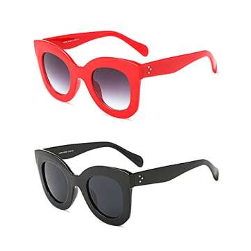 Freckles Mark Thick Fashion Butterfly Sunglasses for Women Trendy Round Cat Eye Sun Glasses (Black+R...