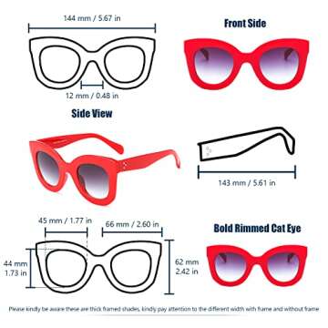 Freckles Mark Thick Fashion Butterfly Sunglasses for Women Trendy Round Cat Eye Sun Glasses (Black+Red, 45)