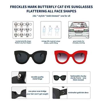 Freckles Mark Thick Fashion Butterfly Sunglasses for Women Trendy Round Cat Eye Sun Glasses (Black+Red, 45)