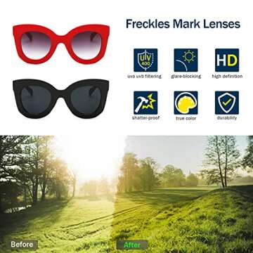 Freckles Mark Thick Fashion Butterfly Sunglasses for Women Trendy Round Cat Eye Sun Glasses (Black+Red, 45)