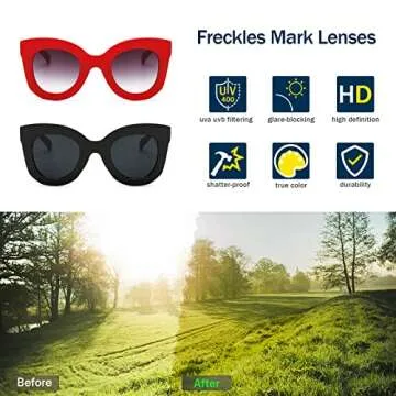 Freckles Mark Thick Fashion Butterfly Sunglasses for Women Trendy Round Cat Eye Sun Glasses (Black+Red, 45)