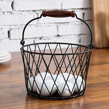 MyGift Matte Black Metal Egg Basket with Wood Handle - Wire Gathering Basket, Decorative Multipurpos...