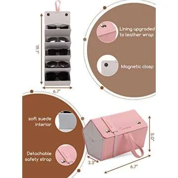 cloudever Sunglasses Case Organizer 5 Slots for Men Women, Eyeglasses Foldable Hanging Travel Case Storage Holder Organizer (Rosy)
