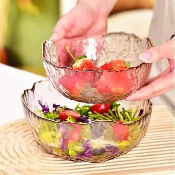 S.ROKE TTAN 3-Pack Glass Bowls for Kitchen Prep, Nesting Space Saving Set of Bowls, Pink Crystal Bowl Set, Irregular Shape Glass Bowl For Salad,Ice Cream, Cereal,Dessert, Freezer Safe (Light Pink)