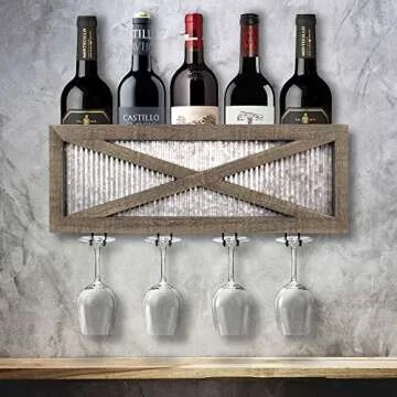 Rustic Barn Door Wine Rack with Glass Storage - 5 Bottles