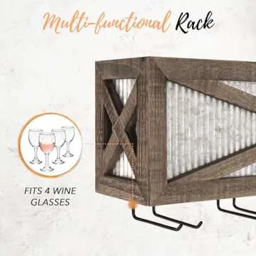 Rustic Barn Door Wine Rack with Glass Storage - 5 Bottles