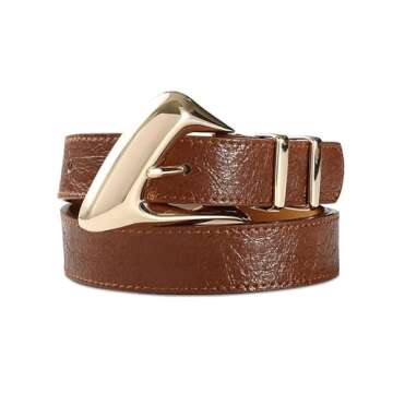 RISANTRY Women's Brown Belt Trend Belt with Gold Buckle Fashion Leather Waist Belt for Jeans Pants