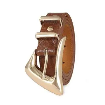 RISANTRY Women's Brown Belt Trend Belt with Gold Buckle Fashion Leather Waist Belt for Jeans Pants