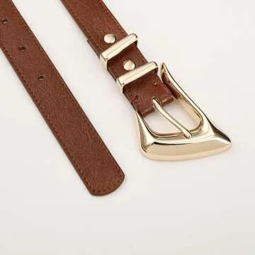 RISANTRY Women's Brown Belt Trend Belt with Gold Buckle Fashion Leather Waist Belt for Jeans Pants