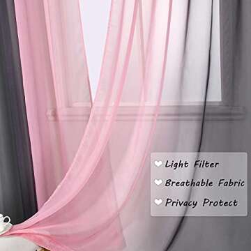 DECOVSUN Black and Pink Sheer Curtains Reversible Sunshine Sheer Curtains for Bedroom Girls Room Decor Rod Pocket2 Tone Ombre Sheer Curtains for Basement Wedding Background 2 Panels 52X84