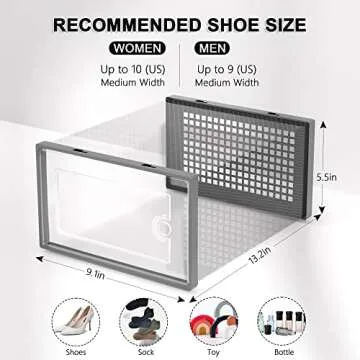 Kuject Shoe Organizers Storage Boxes for Closet, 12 Pack Clear Plastic Stackable Storage Bins with Lids, Under Bed Shoe Containers for Entryway, Drop Front, Fit up to Women's Size 10,Grey
