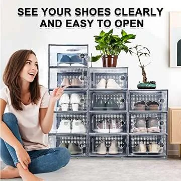 Kuject Shoe Organizers Storage Boxes for Closet, 12 Pack Clear Plastic Stackable Storage Bins with Lids, Under Bed Shoe Containers for Entryway, Drop Front, Fit up to Women's Size 10,Grey
