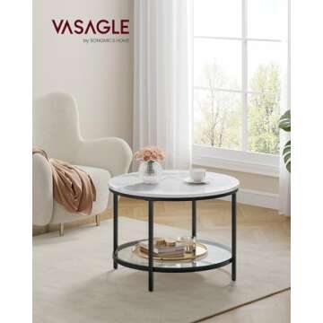VASAGLE Round Coffee Table, Small Coffee Table with Faux Marble Top and Glass Storage Shelf, 2-Tier ...