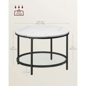 VASAGLE Round Coffee Table, Small Coffee Table with Faux Marble Top and Glass Storage Shelf, 2-Tier Circle Coffee Table, Modern Center Table for Living Room, Marble White and Ink Black ULCT072W13