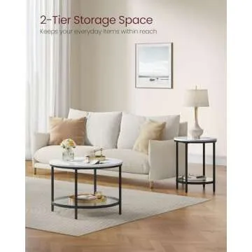 VASAGLE Round Coffee Table, Small Coffee Table with Faux Marble Top and Glass Storage Shelf, 2-Tier Circle Coffee Table, Modern Center Table for Living Room, Marble White and Ink Black ULCT072W13