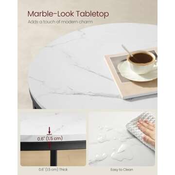 VASAGLE Round Coffee Table, Small Coffee Table with Faux Marble Top and Glass Storage Shelf, 2-Tier Circle Coffee Table, Modern Center Table for Living Room, Marble White and Ink Black ULCT072W13