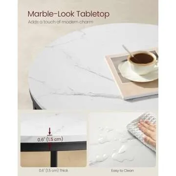 VASAGLE Round Coffee Table, Small Coffee Table with Faux Marble Top and Glass Storage Shelf, 2-Tier Circle Coffee Table, Modern Center Table for Living Room, Marble White and Ink Black ULCT072W13