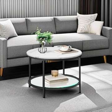 VASAGLE Round Coffee Table, Small Coffee Table with Faux Marble Top and Glass Storage Shelf, 2-Tier Circle Coffee Table, Modern Center Table for Living Room, Marble White and Ink Black ULCT072W13