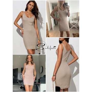 Sidefeel Dresses for Women 2025 Spring V Neck Ribbed Knit Tank Sleeveless Summer Sundress Sexy Bodycon Club Night Out Dresses Small Khaki