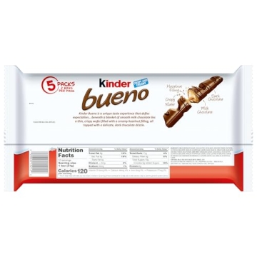 Kinder Bueno, 5 Pack, Milk Chocolate and Hazelnut Cream, Stocking Stuffers, 2 Individually Wrapped Chocolate Bars per Pack, 7.5 oz
