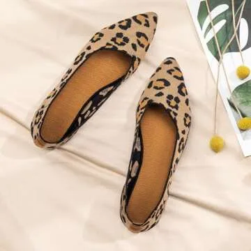 Frank Mully Womens Pointed Toe Flats Knit Dress Shoes Comfort Women Shoes Slip On Shoes for Woman Classic Softable Shoes Low Wedge Leopard Yellow,8