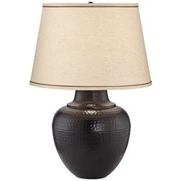 Barnes and Ivy Brighton Rustic Farmhouse Table Lamp 27.25" Tall Hammered Warm Bronze Metal Pot Beige...