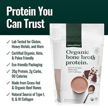 Natural Force - Chocolate Organic Bone Broth Protein Powder, Grass-Fed & Keto Certified, Types I, II & III Collagen, Rich and Creamy, Perfect for Smoothies & Shakes, 13.8 oz