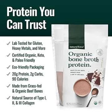 Natural Force - Chocolate Organic Bone Broth Protein Powder, Grass-Fed & Keto Certified, Types I, II & III Collagen, Rich and Creamy, Perfect for Smoothies & Shakes, 13.8 oz