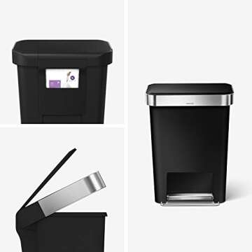 simplehuman 45 Liter / 12 Gallon Rectangular Kitchen Step Trash Can with Soft-Close Lid, Black Plastic