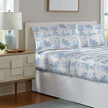 Pointehaven 180 GSM 100% Cotton Flannel Sheet Set - Queen, Scenic Toile Blue - Warm & Cozy - Pre-Shr...