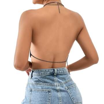 Naimo Women Sexy Chain V-Neck Halter Sleeveless Backless Metal Sequin Vest Crop Top Black