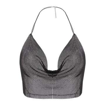 Naimo Women Sexy Chain V-Neck Halter Sleeveless Backless Metal Sequin Vest Crop Top Black