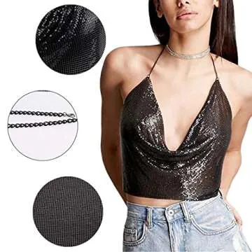 Naimo Women Sexy Chain V-Neck Halter Sleeveless Backless Metal Sequin Vest Crop Top Black