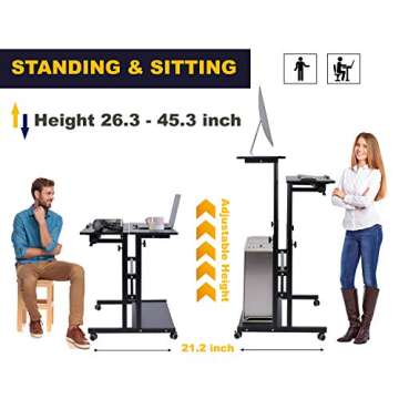 AIZ Mobile Standing Desk, Adjustable Computer Desk Rolling Laptop Desk Cart on Wheels Home Office Computer Workstation, Portable Laptop Stand Tall Table for Standing or Sitting, Black Willow