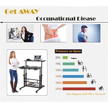 AIZ Mobile Standing Desk, Adjustable Computer Desk Rolling Laptop Desk Cart on Wheels Home Office Computer Workstation, Portable Laptop Stand Tall Table for Standing or Sitting, Black Willow