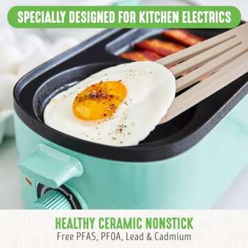 GreenLife 3-in-1 Breakfast Maker Station, Healthy Ceramic Nonstick Dual Griddles for Eggs Meat Sausa...