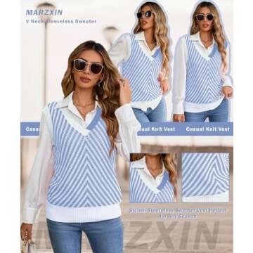 MARZXIN Women Sleeveless Sweater V Neck Casual 2025 Knitted Chevron V Neck Sweater Vest Color Block ...