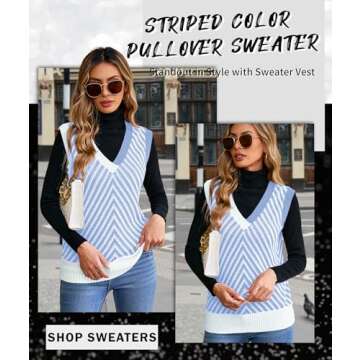 MARZXIN Women Sleeveless Sweater V Neck Casual 2025 Knitted Chevron V Neck Sweater Vest Color Block Pullover Sweater Top Blue S