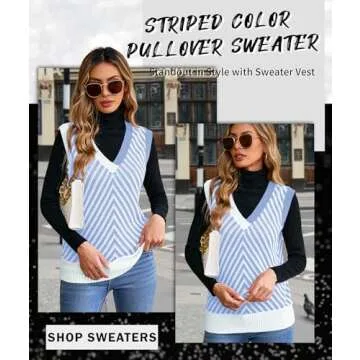 MARZXIN Women Sleeveless Sweater V Neck Casual 2025 Knitted Chevron V Neck Sweater Vest Color Block Pullover Sweater Top Blue S