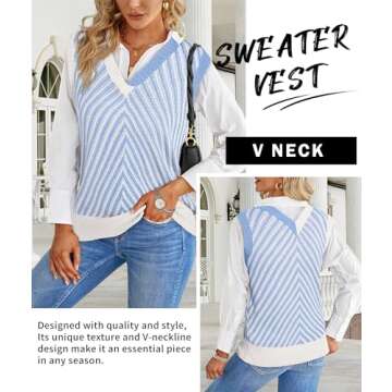 MARZXIN Women Sleeveless Sweater V Neck Casual 2025 Knitted Chevron V Neck Sweater Vest Color Block Pullover Sweater Top Blue S