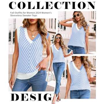 MARZXIN Women Sleeveless Sweater V Neck Casual 2025 Knitted Chevron V Neck Sweater Vest Color Block Pullover Sweater Top Blue S