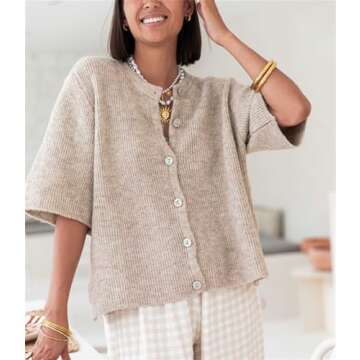 Women Y2k Knitted Cardigan Top Short Sleeve Button-Down Loose Knitwear Top Casual Cropped Cardigan S...