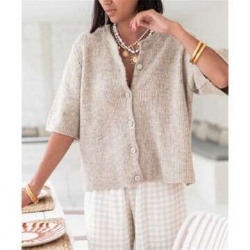 Women Y2k Knitted Cardigan Top Short Sleeve Button-Down Loose Knitwear Top Casual Cropped Cardigan Sweater (Dark Khaki, M)