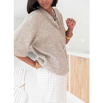 Women Y2k Knitted Cardigan Top Short Sleeve Button-Down Loose Knitwear Top Casual Cropped Cardigan Sweater (Dark Khaki, M)